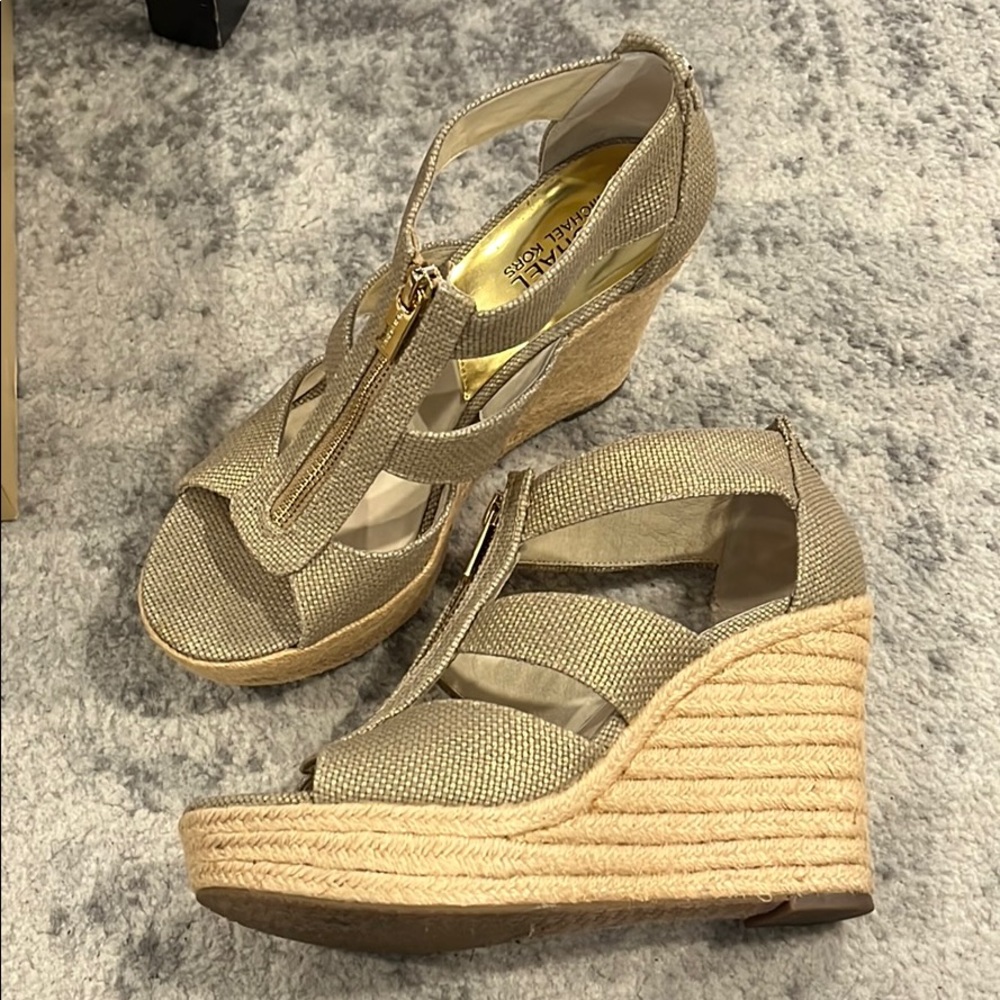 Michael Kors gold canvas zippered Damita wedge